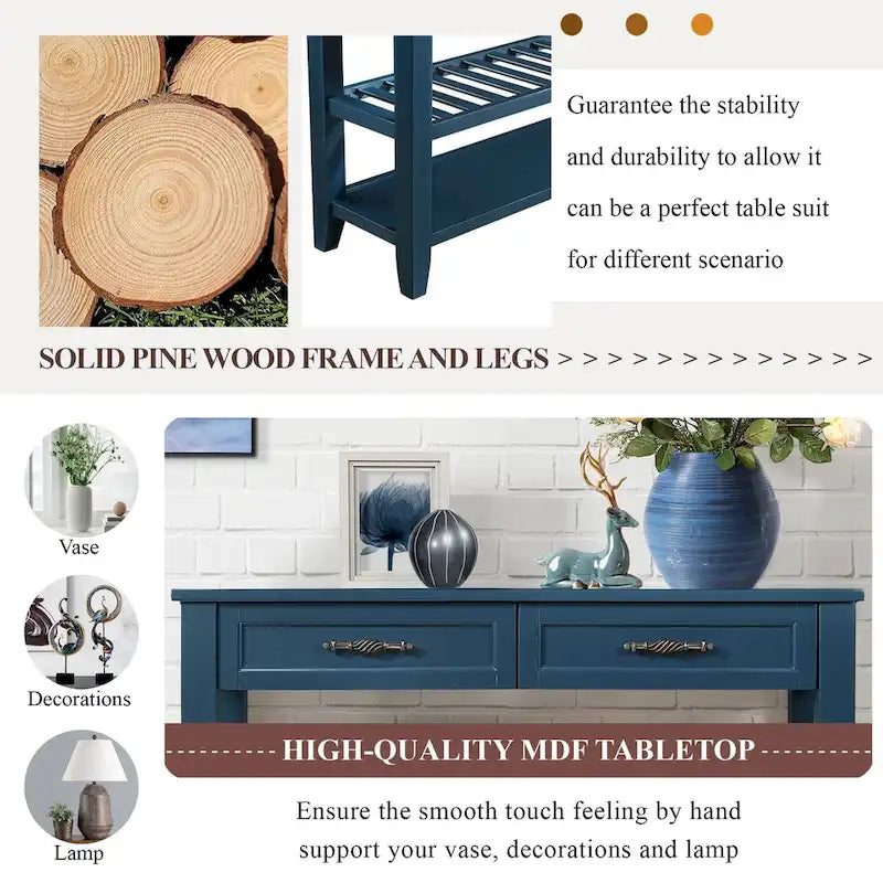 Mid-Century Style Console Sofa Table Solid Wood Buffet Sideboard with 2 Storage Drawers and 2 Tiers Shelves