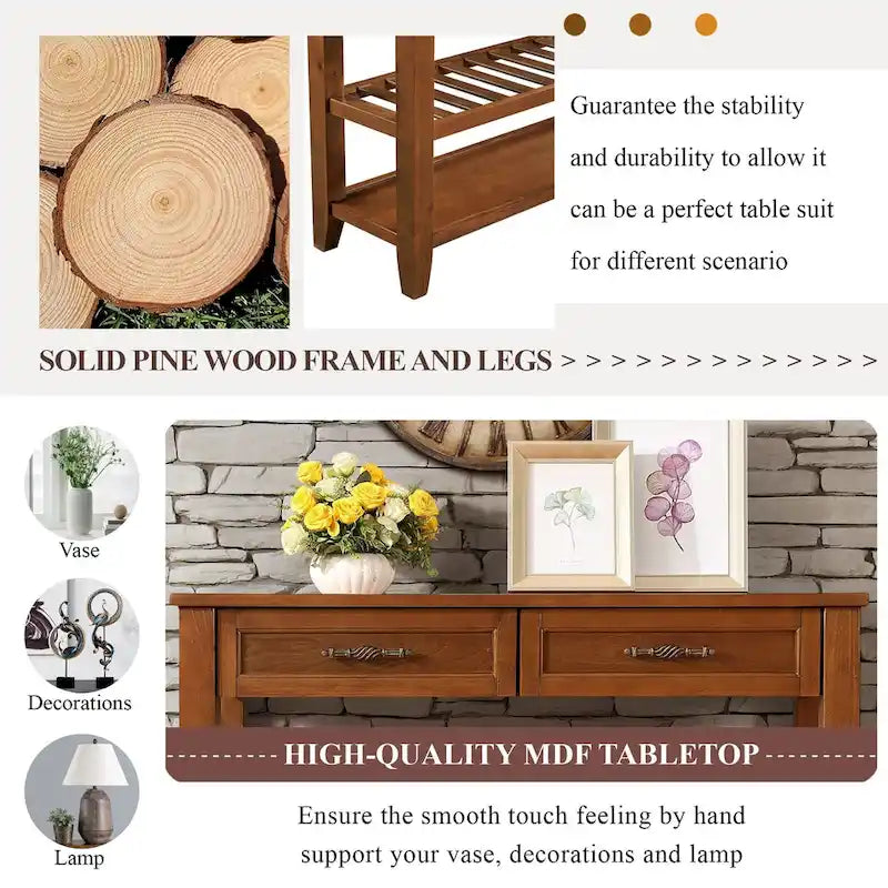 Mid-Century Style Console Sofa Table Solid Wood Buffet Sideboard with 2 Storage Drawers and 2 Tiers Shelves