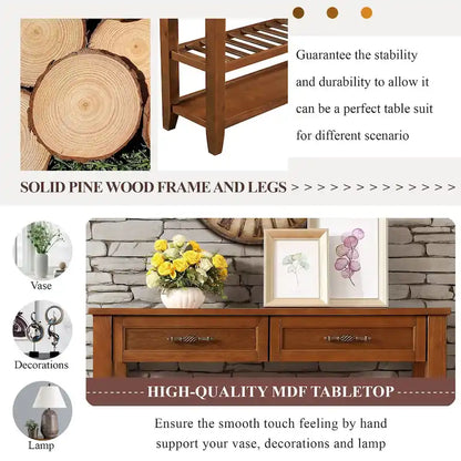 Mid-Century Style Console Sofa Table Solid Wood Buffet Sideboard with 2 Storage Drawers and 2 Tiers Shelves
