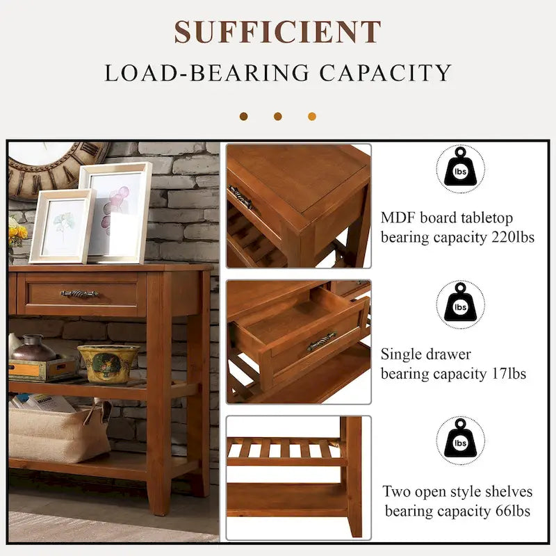 Mid-Century Style Console Sofa Table Solid Wood Buffet Sideboard with 2 Storage Drawers and 2 Tiers Shelves