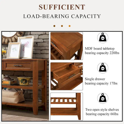 Mid-Century Style Console Sofa Table Solid Wood Buffet Sideboard with 2 Storage Drawers and 2 Tiers Shelves