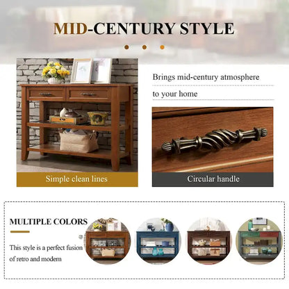 Mid-Century Style Console Sofa Table Solid Wood Buffet Sideboard with 2 Storage Drawers and 2 Tiers Shelves