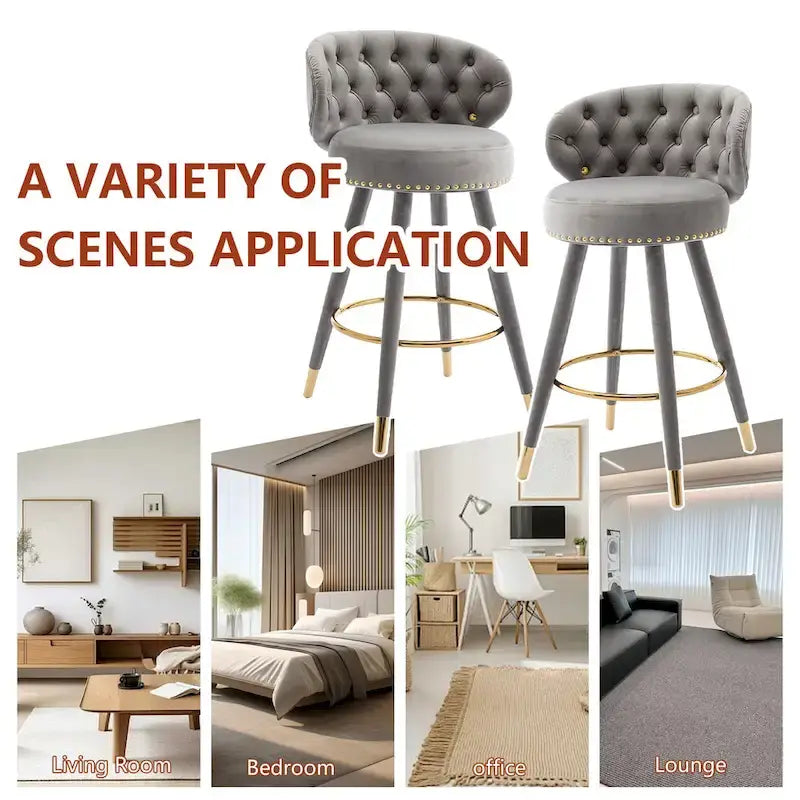 Velvet Upholstered 360 Degree Swivel Tufted Bar Stools with Golden Footrest(set of 2)