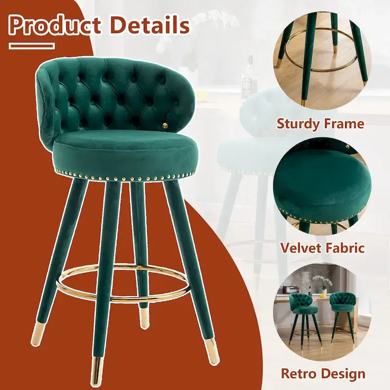Velvet Upholstered 360 Degree Swivel Tufted Bar Stools with Golden Footrest(set of 2)