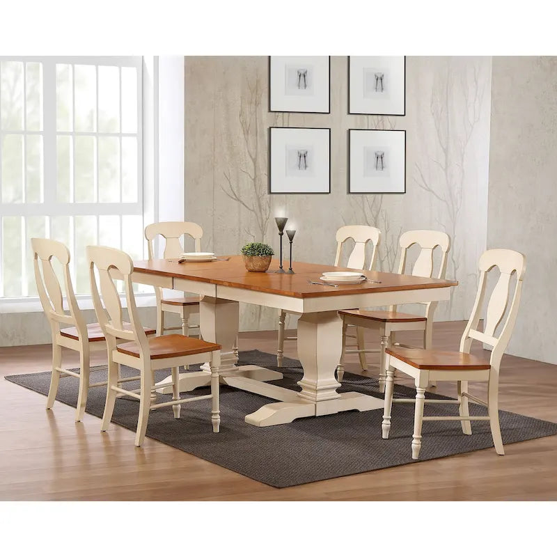 Double Pedestal Transitional Antiqued Caramel/Biscotti Napoleon Back 7-Piece Dining Set