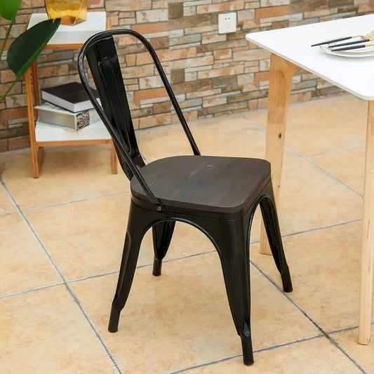 Set of 4 Stackable Bistro Cafe Dining Chair Metal Frame and Wood Seat - See Descriptions