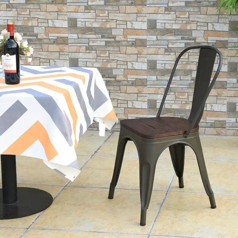 Set of 4 Stackable Bistro Cafe Dining Chair Metal Frame and Wood Seat - See Descriptions