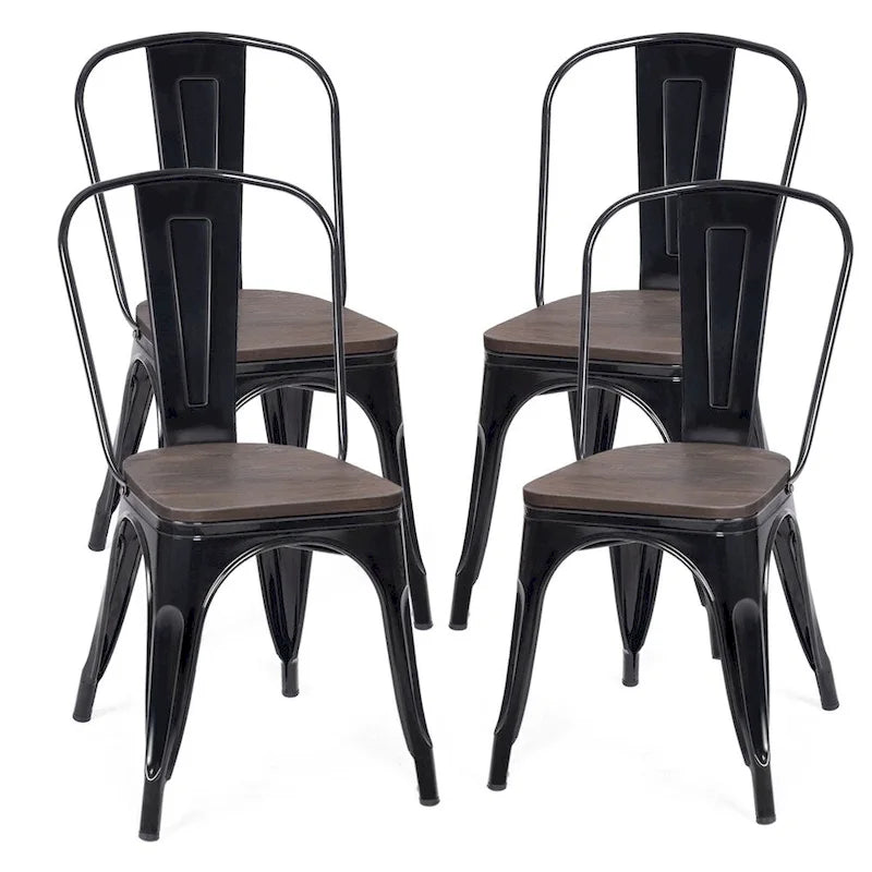 Set of 4 Stackable Bistro Cafe Dining Chair Metal Frame and Wood Seat - See Descriptions