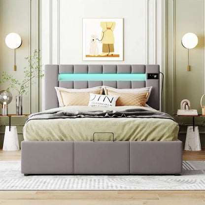 Merax Upholstered Hydraulic Storage Bed with LED light, Bluetooth Player and USB Charging