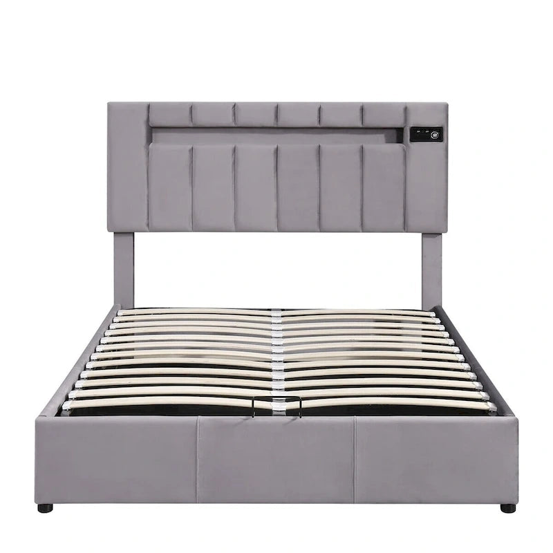 Merax Upholstered Hydraulic Storage Bed with LED light, Bluetooth Player and USB Charging