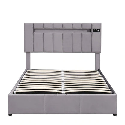 Merax Upholstered Hydraulic Storage Bed with LED light, Bluetooth Player and USB Charging