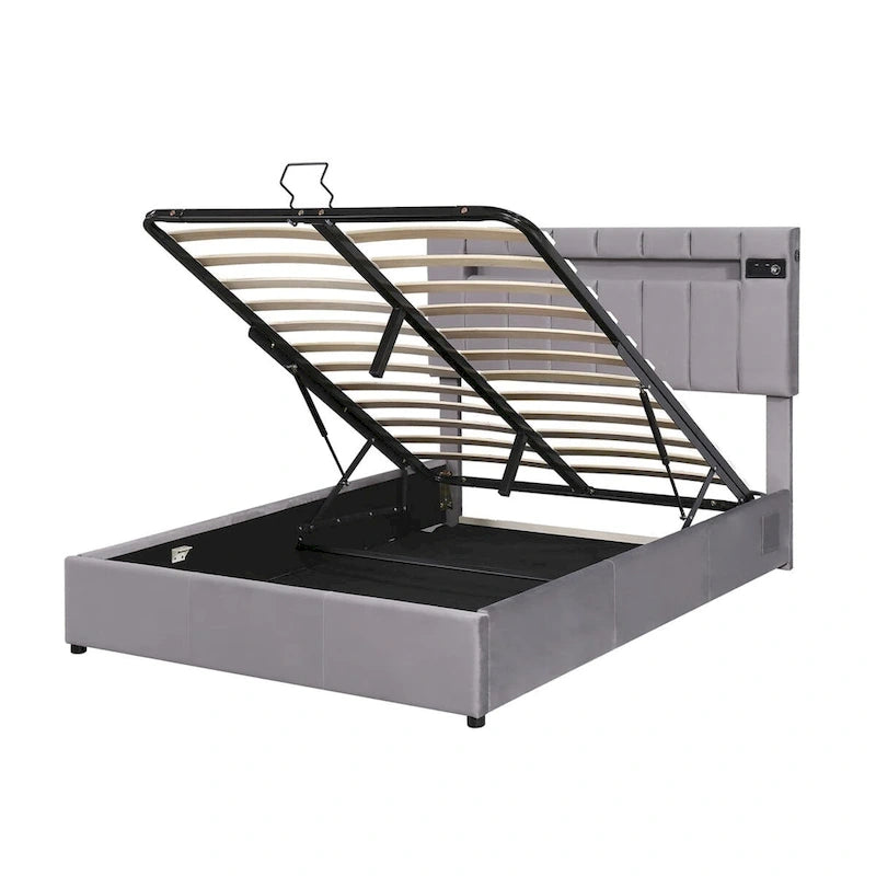 Merax Upholstered Hydraulic Storage Bed with LED light, Bluetooth Player and USB Charging