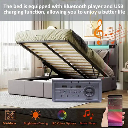Merax Upholstered Hydraulic Storage Bed with LED light, Bluetooth Player and USB Charging