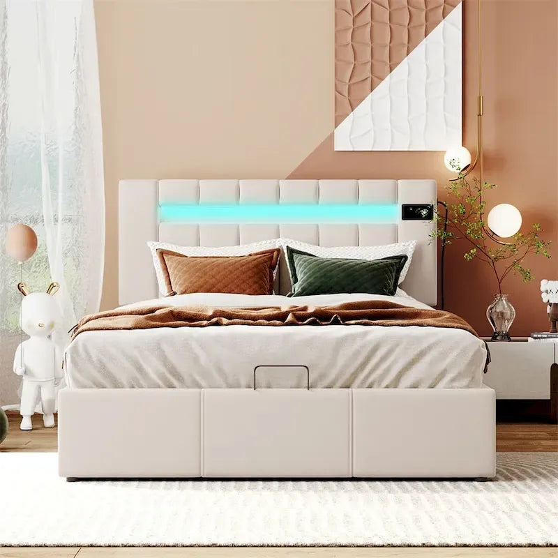 Merax Upholstered Hydraulic Storage Bed with LED light, Bluetooth Player and USB Charging