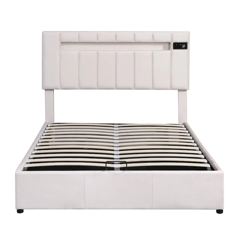 Merax Upholstered Hydraulic Storage Bed with LED light, Bluetooth Player and USB Charging