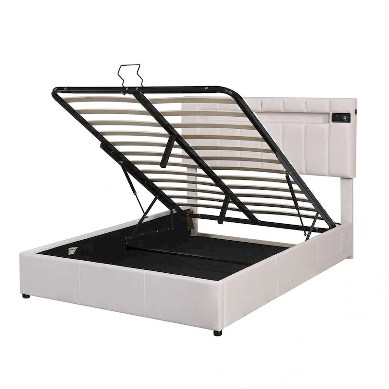 Merax Upholstered Hydraulic Storage Bed with LED light, Bluetooth Player and USB Charging