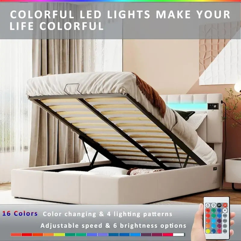 Merax Upholstered Hydraulic Storage Bed with LED light, Bluetooth Player and USB Charging