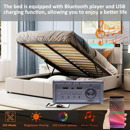 Merax Upholstered Hydraulic Storage Bed with LED light, Bluetooth Player and USB Charging