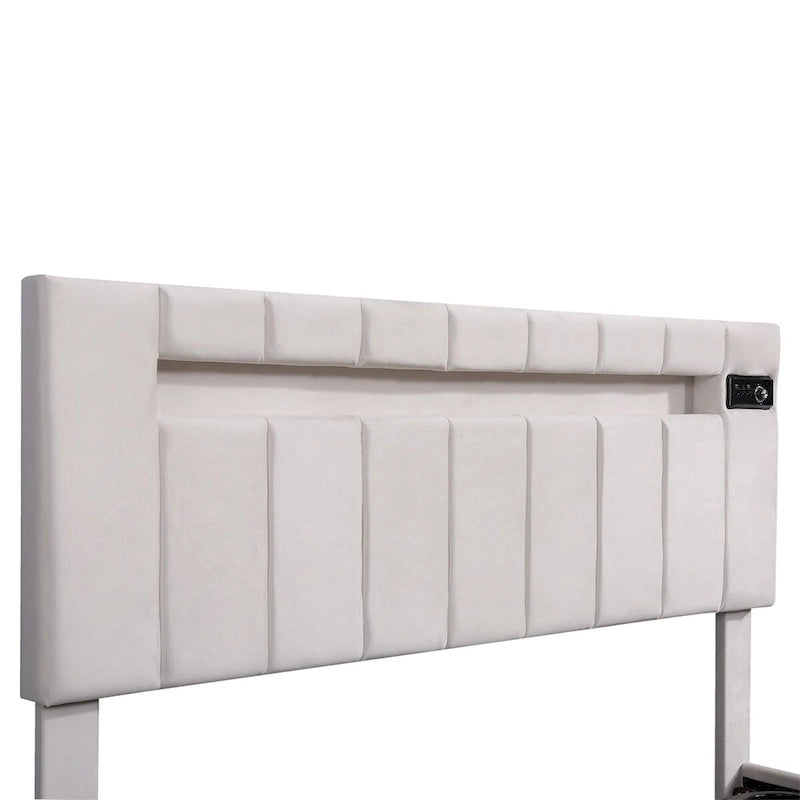 Merax Upholstered Hydraulic Storage Bed with LED light, Bluetooth Player and USB Charging