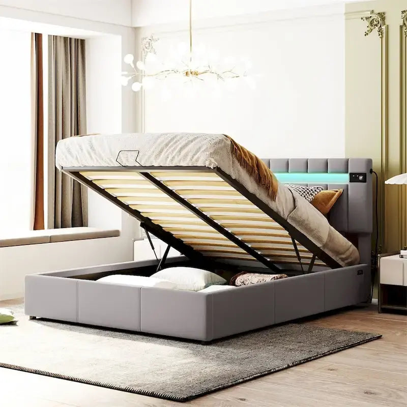 Merax Upholstered Hydraulic Storage Bed with LED light, Bluetooth Player and USB Charging