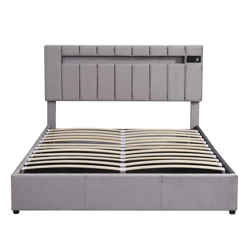 Merax Upholstered Hydraulic Storage Bed with LED light, Bluetooth Player and USB Charging