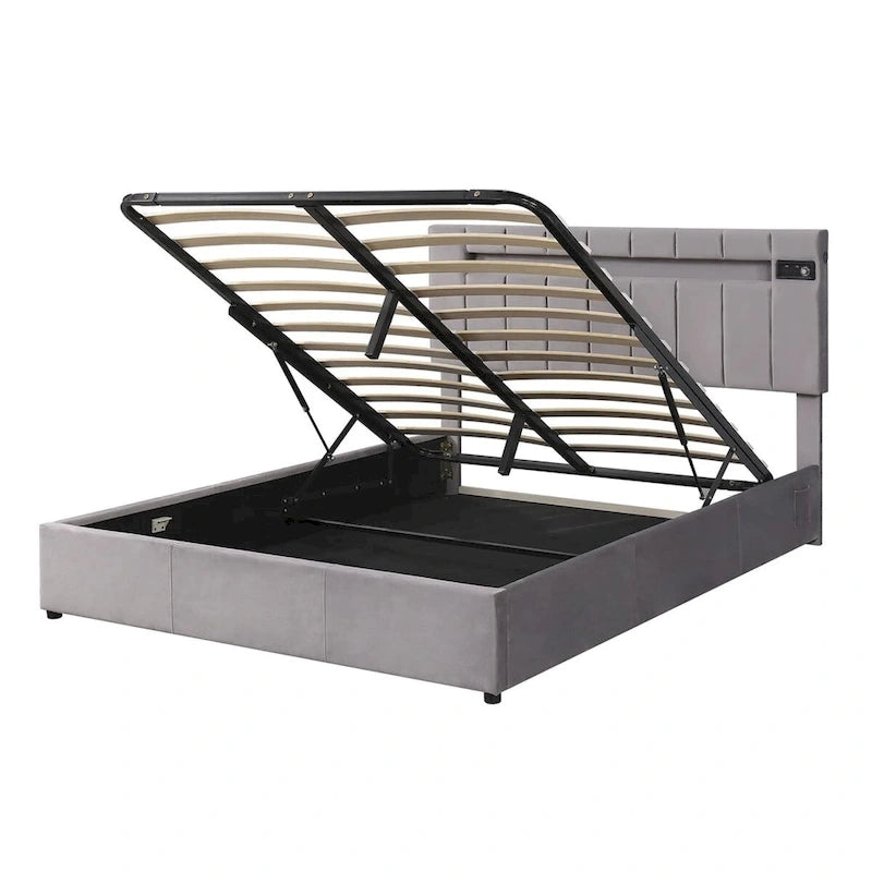 Merax Upholstered Hydraulic Storage Bed with LED light, Bluetooth Player and USB Charging