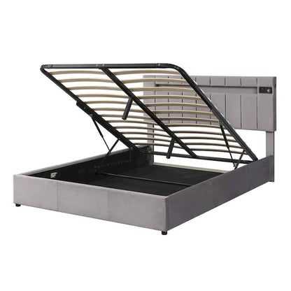 Merax Upholstered Hydraulic Storage Bed with LED light, Bluetooth Player and USB Charging