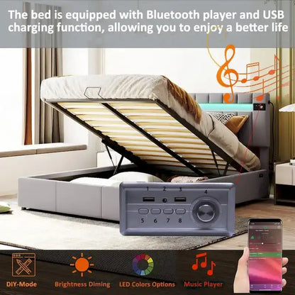 Merax Upholstered Hydraulic Storage Bed with LED light, Bluetooth Player and USB Charging