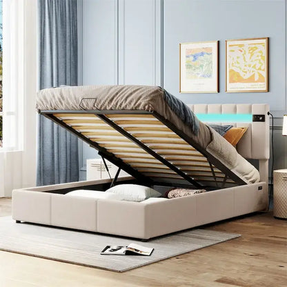 Merax Upholstered Hydraulic Storage Bed with LED light, Bluetooth Player and USB Charging