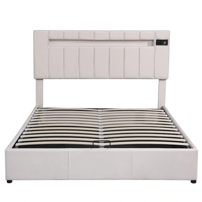 Merax Upholstered Hydraulic Storage Bed with LED light, Bluetooth Player and USB Charging