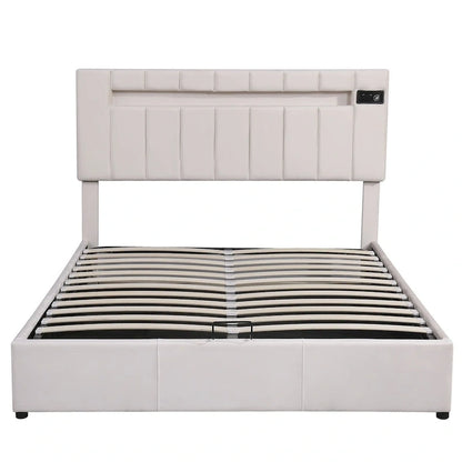 Merax Upholstered Hydraulic Storage Bed with LED light, Bluetooth Player and USB Charging