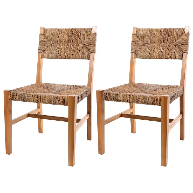 Teak Wood Handmade Accent Chair with Woven Banana Leaf Seat - Set of 2 Light Brown - Roche River Decor - 23W x 19L x 34H