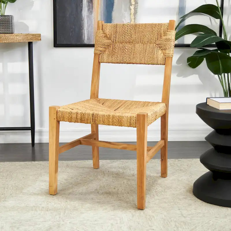 Teak Wood Handmade Accent Chair with Woven Banana Leaf Seat - Set of 2 Light Brown - Roche River Decor - 23W x 19L x 34H