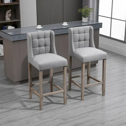 HOMCOM Modern Bar Height Bar Stools Set of 2 Tufted Upholstered Pub Chairs with Back Rubber Wood Legs for Kitchen,Dining Room