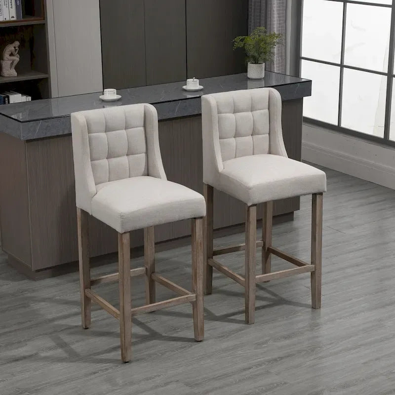 HOMCOM Modern Bar Height Bar Stools Set of 2 Tufted Upholstered Pub Chairs with Back Rubber Wood Legs for Kitchen,Dining Room