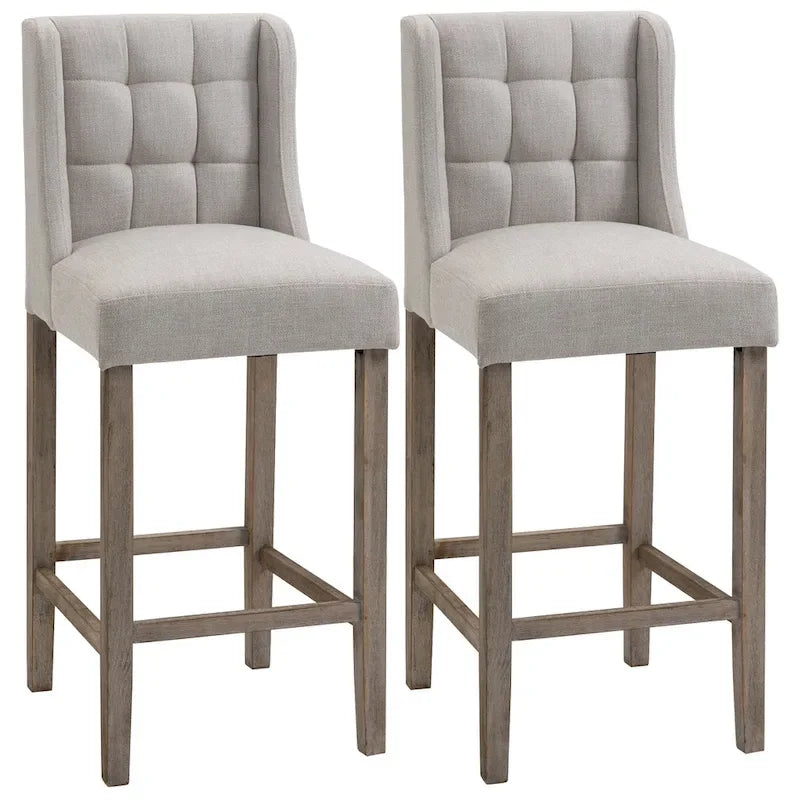 HOMCOM Modern Bar Height Bar Stools Set of 2 Tufted Upholstered Pub Chairs with Back Rubber Wood Legs for Kitchen,Dining Room