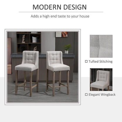 HOMCOM Modern Bar Height Bar Stools Set of 2 Tufted Upholstered Pub Chairs with Back Rubber Wood Legs for Kitchen,Dining Room