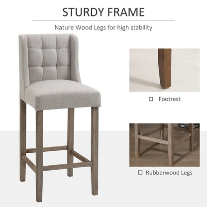 HOMCOM Modern Bar Height Bar Stools Set of 2 Tufted Upholstered Pub Chairs with Back Rubber Wood Legs for Kitchen,Dining Room