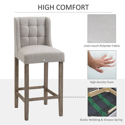 HOMCOM Modern Bar Height Bar Stools Set of 2 Tufted Upholstered Pub Chairs with Back Rubber Wood Legs for Kitchen,Dining Room