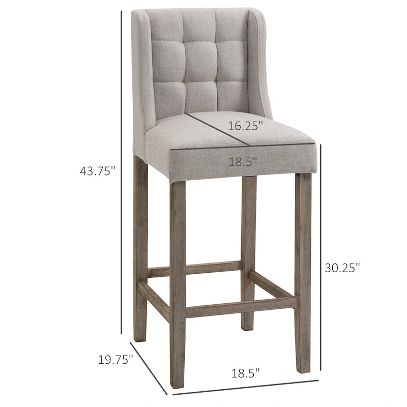 HOMCOM Modern Bar Height Bar Stools Set of 2 Tufted Upholstered Pub Chairs with Back Rubber Wood Legs for Kitchen,Dining Room