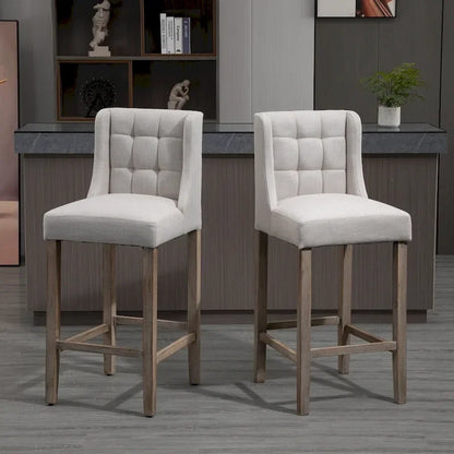 HOMCOM Modern Bar Height Bar Stools Set of 2 Tufted Upholstered Pub Chairs with Back Rubber Wood Legs for Kitchen,Dining Room