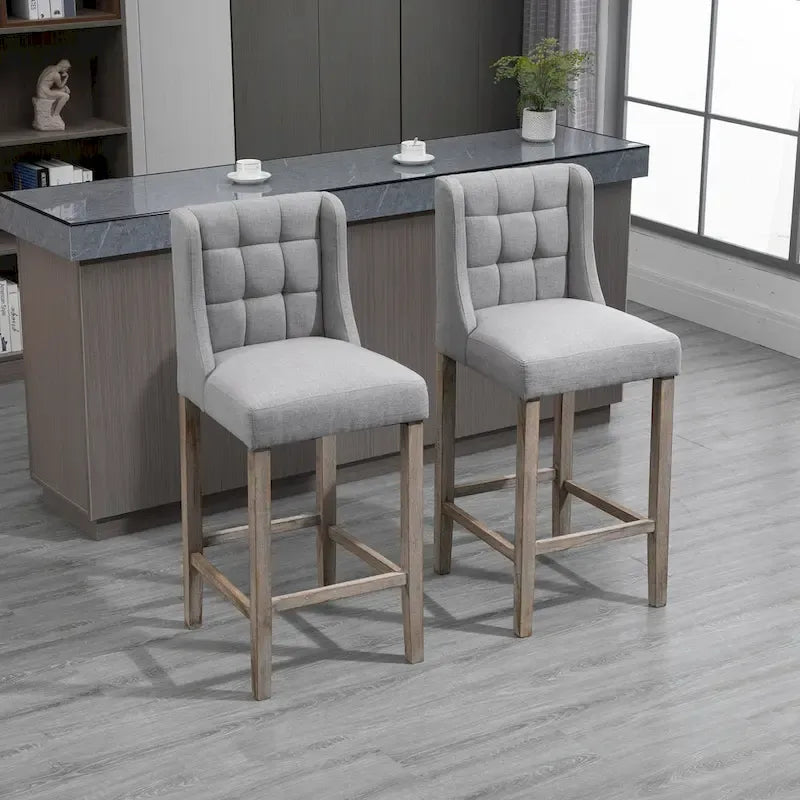 HOMCOM Modern Bar Height Bar Stools Set of 2 Tufted Upholstered Pub Chairs with Back Rubber Wood Legs for Kitchen,Dining Room