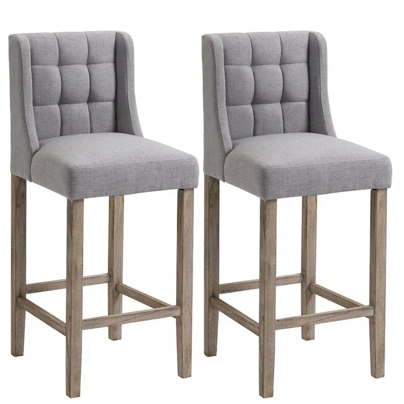 HOMCOM Modern Bar Height Bar Stools Set of 2 Tufted Upholstered Pub Chairs with Back Rubber Wood Legs for Kitchen,Dining Room