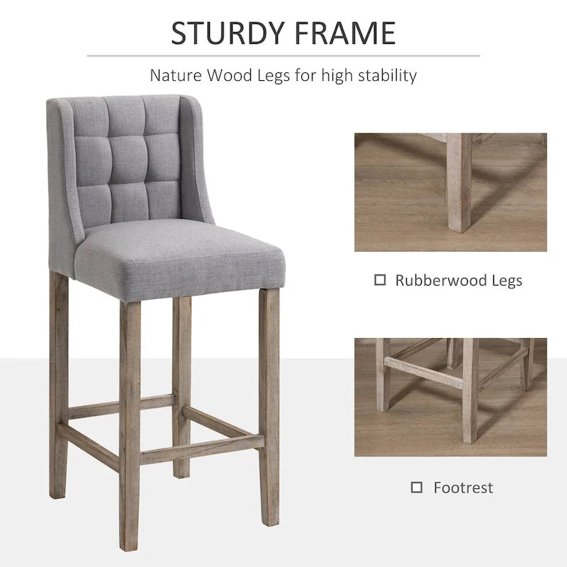 HOMCOM Modern Bar Height Bar Stools Set of 2 Tufted Upholstered Pub Chairs with Back Rubber Wood Legs for Kitchen,Dining Room