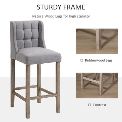 HOMCOM Modern Bar Height Bar Stools Set of 2 Tufted Upholstered Pub Chairs with Back Rubber Wood Legs for Kitchen,Dining Room