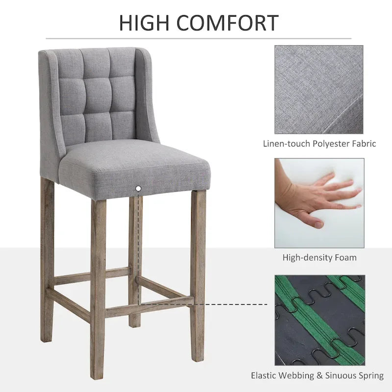 HOMCOM Modern Bar Height Bar Stools Set of 2 Tufted Upholstered Pub Chairs with Back Rubber Wood Legs for Kitchen,Dining Room