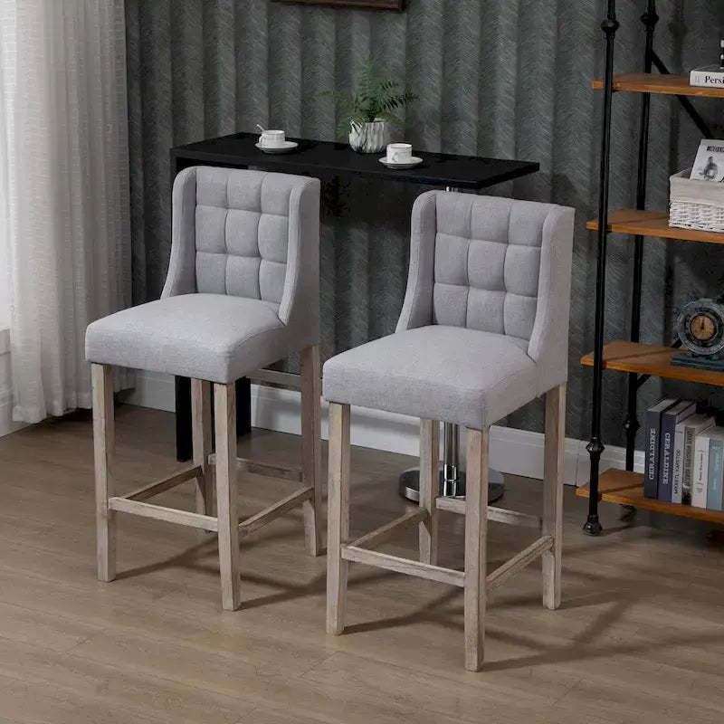 HOMCOM Modern Bar Height Bar Stools Set of 2 Tufted Upholstered Pub Chairs with Back Rubber Wood Legs for Kitchen,Dining Room