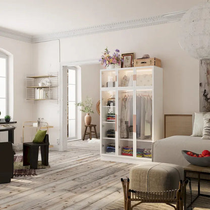 Lighted Modern Glass Door Wardrobe Armoire with Ample Storage - 47.2