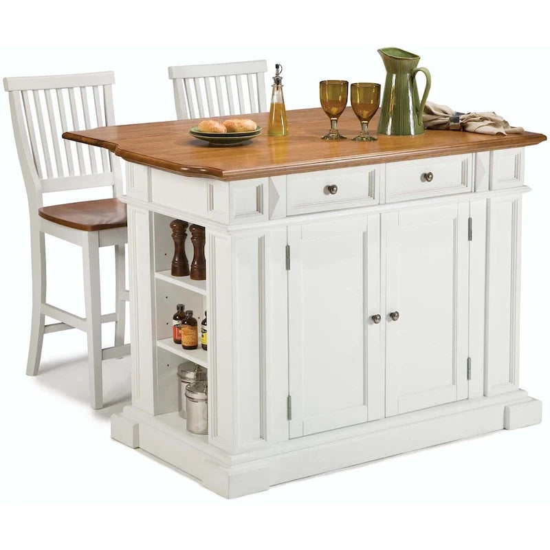 Homestyles Americana Distressed Off-White Oak Kitchen Island Set with Two Counter Stools