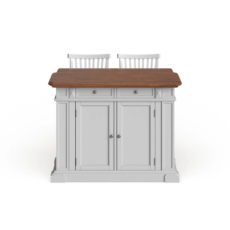 Homestyles Americana Distressed Off-White Oak Kitchen Island Set with Two Counter Stools